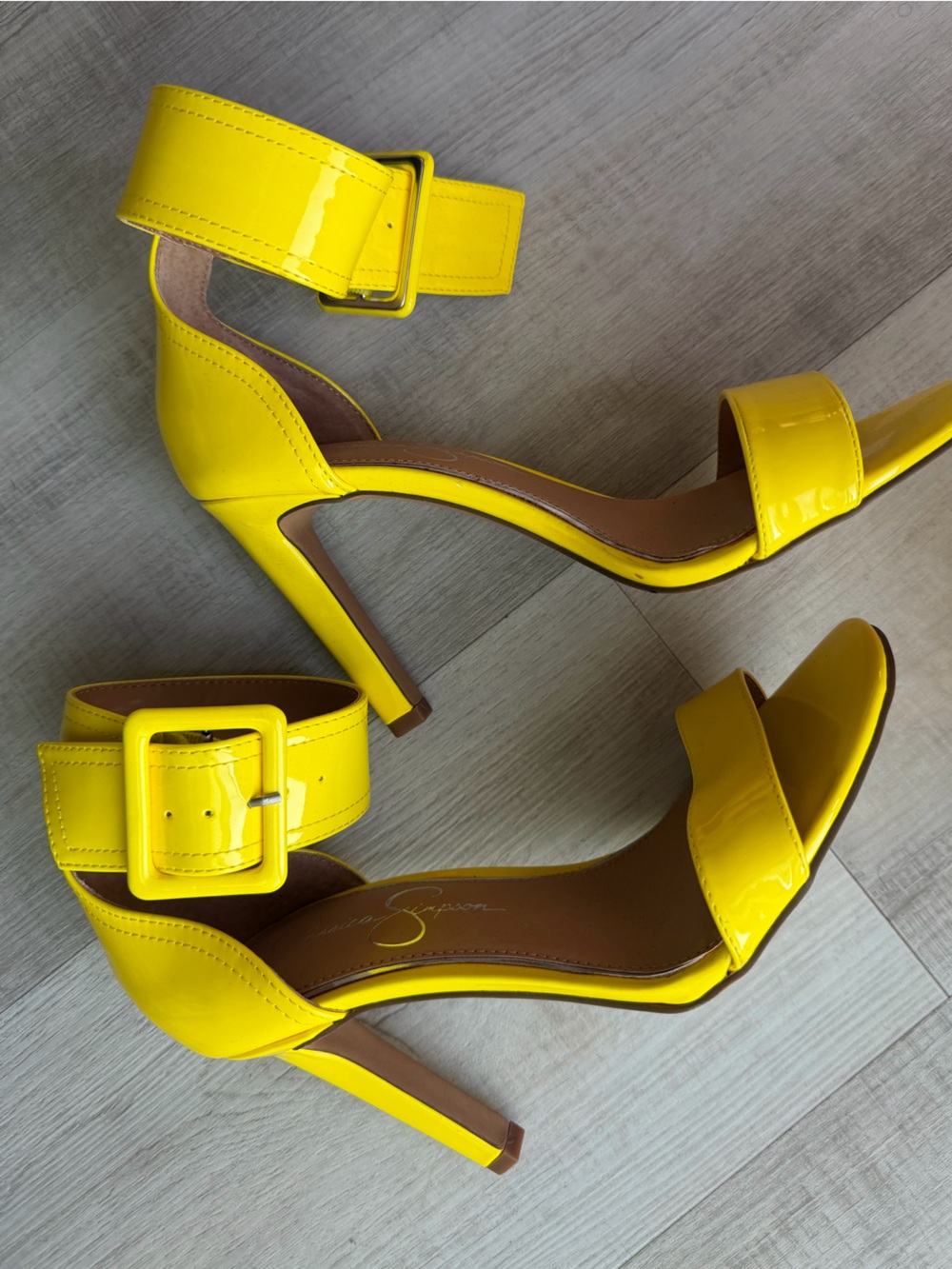 Jessica Simpson Yellow Patent Buckle Ankle Strap Heels